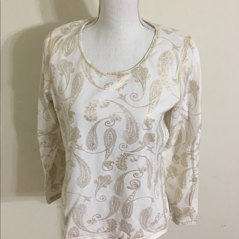 White long sleeve Tshirt-gold paisleys-L